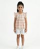 Pranava Organic Cotton Knit Frill Sleeves Checked & Floral Applique Detailed Top & Shorts Set - Pink