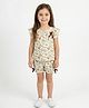 Pranava Organic Cotton Knit Frill Sleeves Leaf & Bird Nest Printed Coordinating Top & Shorts Set - White & Green