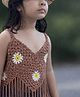 Woonie Cotton Hand Knitted Sleeveless Floral Designed Crochet Crop Top - Beige