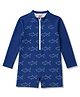 Babyhug Water Repellant  Raglan Sleeves Legged Swimsuit With Shark Print - Navy Blue