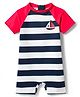 Babyhug Water Repellant Raglan Half  Sleeves Stripped Legged Swimsuit Boat Print - Navy
