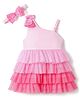 ToffyHouse Knit Sleeveless Layered Party Frock With Bow Applique & Headband - Pink