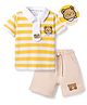 Mark & Mia Cotton Knit Half Sleeves Striped Polo T-Shirt & Shorts Set with Teddy Print & Tie - Multicolor