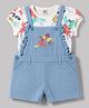ToffyHouse Cotton Woven Dungaree & Half Sleeves Inner Tee with Floral Print & Bird Embroidery - Light Blue