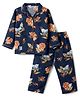 Enfance Core Cotton Woven Full Sleeves Shirt & Pyjama Co-ord Night Suit with Lion Print - Navy Blue