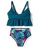 KIDLINGSS Sleeveless Solid & Leaves Printed 2 Piece Swimsuit - Green