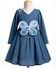 Enfance Woven Full Sleeves Flower Applique Party Dress - Blue
