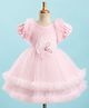 Enfance Net Woven Half Sleeves Flower Applique Layered Party Dress - Pink