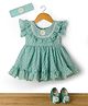 Enfance Woven Half Sleeves Textured & Flower Applique Party Dress With Headband & Booties - Sea Green