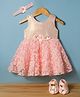 Enfance Woven Sleeveless Textured Pearl & Flower Applique Party Dress With Headband & Booties - Peach