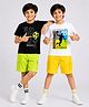 KUCHIPOO Cotton Pack Of 2 Half Sleeves Sports Theme Printed Tees & Shorts Set - White Yellow Black & Neon Green