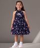 Lil' Drama Net Knit Sleeveless Floral Printed Halter Neck Layered Dress - Navy Blue
