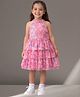 Lil' Drama Net Knit Sleeveless Floral Printed Halter Neck Layered Dress - Pink