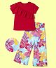 Ollington St. Sinker Knit Half Sleeve Frill Top & Floral Printed Culottes - Red & Pink