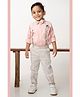 LITTLE COLLARS Cotton Woven Full Sleeves Solid Shirt Trouser Set With Cap Suspender & Bow - Peach