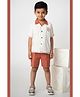 LITTLE COLLARS  Cotton Woven Half Sleeves Abstract Embroidered Shirt & Shorts Set - Rust