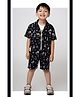 LITTLE COLLARS Cotton Woven Half Sleeves Tropical Theme Printed Shirt & Shorts Set With Tee - Black