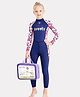 Little Surprise Box Spandex Full Sleeves Floral Printed Swimsuit With Free Washbag  - Navy Blue