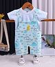 TOONYPORT Cotton Knit Half Sleeves Dinosaur Printed Dungaree With Half Sleeves Striped Tee - Blue