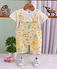 TOONYPORT Cotton Knit Half Sleeves Dinosaur Printed Dungaree With Half Sleeves Striped Tee - Yellow