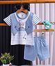TOONYPORT Cotton Knit Half Sleeves Striped & Teddy Printed Tee & Shorts Set - Blue