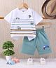 TOONYPORT Cotton Knit Half Sleeves Vehicle Printed Striped Tee & Shorts Set - Off White