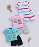 blushh berry 100% Cotton Knit Half Sleeve Pack Of 3 Striped Robot And Animals Printed Tee With Shorts Set - Blue,Pink,White