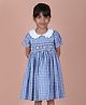 Soleilclo Cotton Woven Half Puffed Sleeves Gingham Checked & Floral Embroidered Dress - Royal Blue