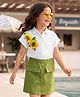 OLLINGTON ST. Sinker Knit Half Sleeves Top & Skirt Set With Floral Print - White & Olive Green