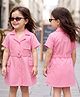 Babyhug Cotton Woven Half Sleeves One Piece Shirt Dress with Text Embroidery & Belt - Pink
