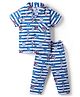 Teddy Sinker Knit Half Sleeves Shirt & Pyjama Striped Co-ord Night Suit with Football Print - Blue