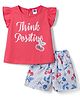 Teddy Sinker Knit Half Frill Sleeves Text Printed Top & Shorts Set With Floral & Cherry Print - Red
