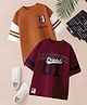 CODEZ 100% Cotton Knit Pack Of 2 Half Drop Shoulder Sleeves Boston & Brooklyn Text Printed Oversized Tees - Burgundy & Rust Orange