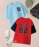 CODEZ 100% Cotton Knit Pack Of 2 Half Drop Shoulder Sleeves Boston & Skate Dude Text Printed Oversized Tees - Sky Blue & Red