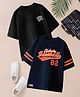 CODEZ 100% Cotton Knit Pack Of 2 Half Drop Shoulder Sleeves Slum Dunk & Baseball Text Printed Oversized Tees - Black & Navy Blue