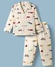 Teddy Sinker Knit Full Sleeves Co-Ord Shirt & Pyjama Night Suit With Race Cars Print - Beige