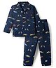 Teddy Sinker Knit Full Sleeves Co-Ord Shirt & Pyjama Night Suit With Race Cars Print - Navy Blue