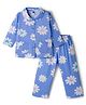 Teddy Sinker Knit Full Sleeves Co-Ord Peter Pan Collared Shirt & Pyjama Night Suit With Floral Print - Blue