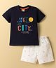 Zero Sinker Knit Half Sleeves T-Shirt & Shorts Set With Text Print  - Navy Blue