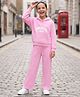 Pine Kids Looper Knit Full Raglan Sleeves Text Printed Hooded Winter Wear Sweat Jacket  & Lounge Pant Set - Pink