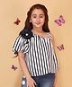 Cutecumber Cambric Woven Half Puffed Sleeves Striped & Floral Applique Detailed Top - Blue