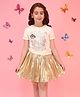 Cutecumber Lurex Knit Half Sleeves Stone Embellished Enjoy The Little Things Text Printed Top & Pleated Skirt Set - Mustard