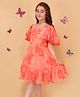 Cutecumber Georgette Woven Half Sleeves Floral Printed & Stone Embellished Dress - Orange