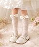 Flaunt Chic Cotton Blend Knit Pearl Embellished Bow Applique Detailed Floral Designed Socks - Beige