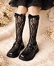 Flaunt Chic Cotton Blend Knit Pearl Embellished Bow Applique Detailed Floral Designed Socks - Black