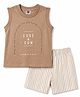 Zero Sinker Knit Sleeveless Tank T-Shirt & Striped Shorts With Text Print - Brown & White