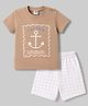 Zero Sinker Knit Half Sleeves Nautical Theme Printed & Checked T-Shirt & Shorts Set - Brown