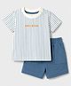 Zero Sinker Knit Half Sleeves Striped & Text Embroidered T-Shirt & Shorts Set - Light Blue & OffWhite