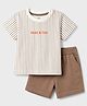 Zero Sinker Knit Half Sleeves Striped & Text Embroidered T-Shirt & Shorts Set - Brown & OffWhite