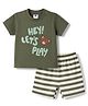 Zero Sinker Knit Half Sleeve Bear Embroidered & Striped T-Shirt & Shorts Set - Olive Green
